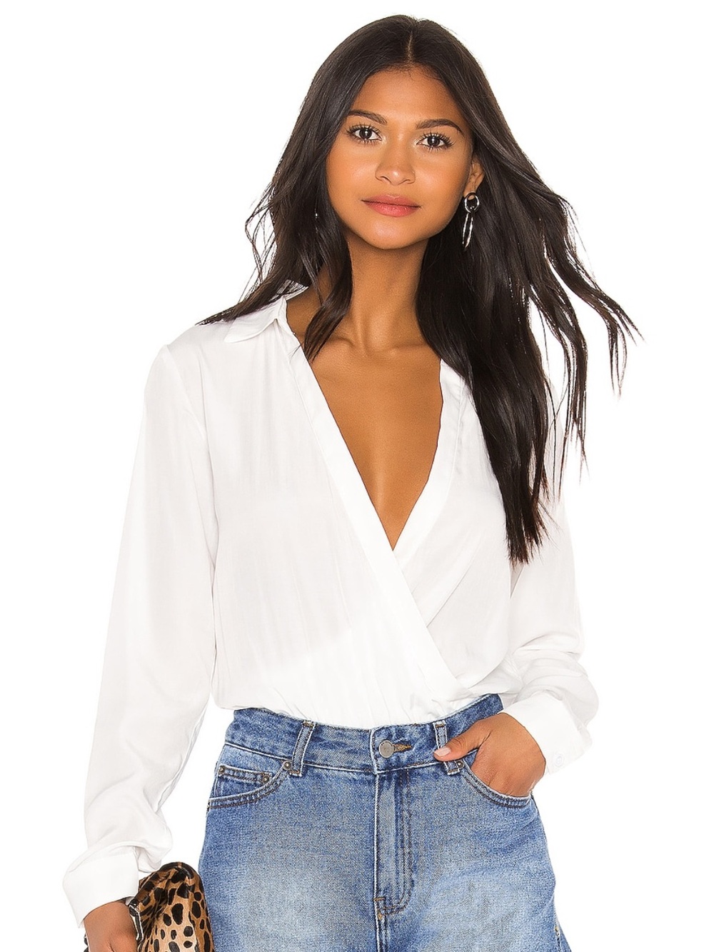 Superdown White Wrap-Front Long Sleeve Bodysuit